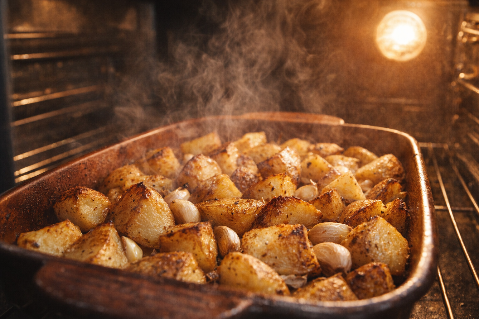 Close-up shot of potatoes roasting in the oven, golden brown edges, garlic cloves scattered, steam rising, oven light visible